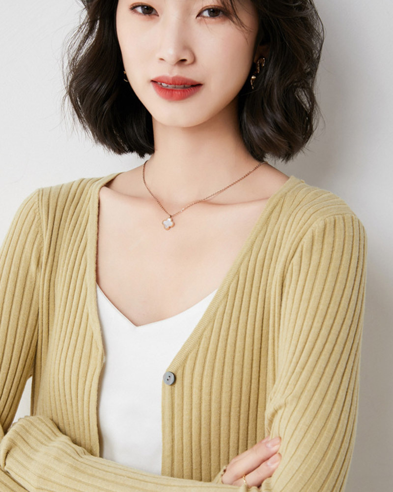 DEER.W V領坑條針織外套上衣 暖黃