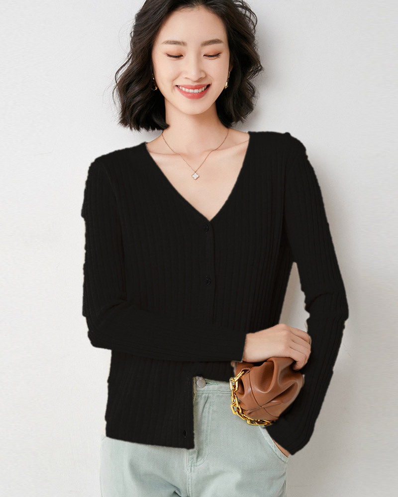 DEER.W V領坑條針織外套上衣 黑色