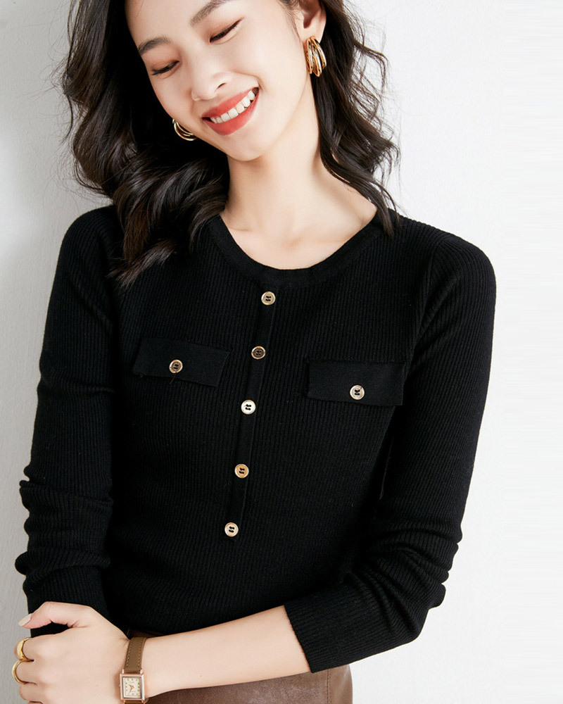 DEER.W 圓領排釦造型針織上衣 黑色