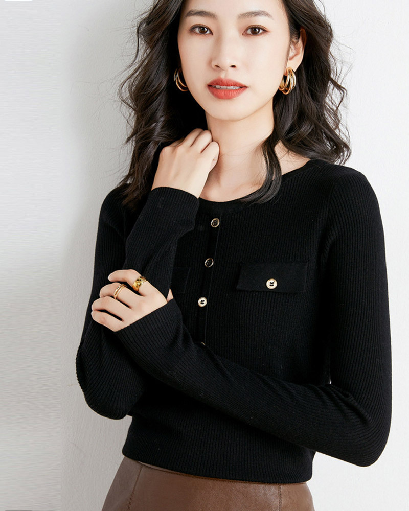 DEER.W 圓領排釦造型針織上衣 黑色