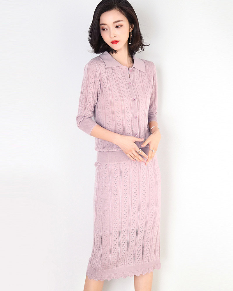 粉M【零碼出清不退換】翻領鏤空織紋針織套裝