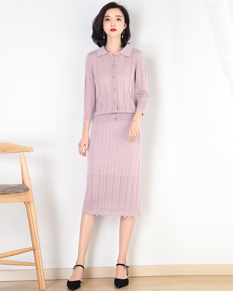 DEER.W 翻領鏤空織紋針織套裝 粉色