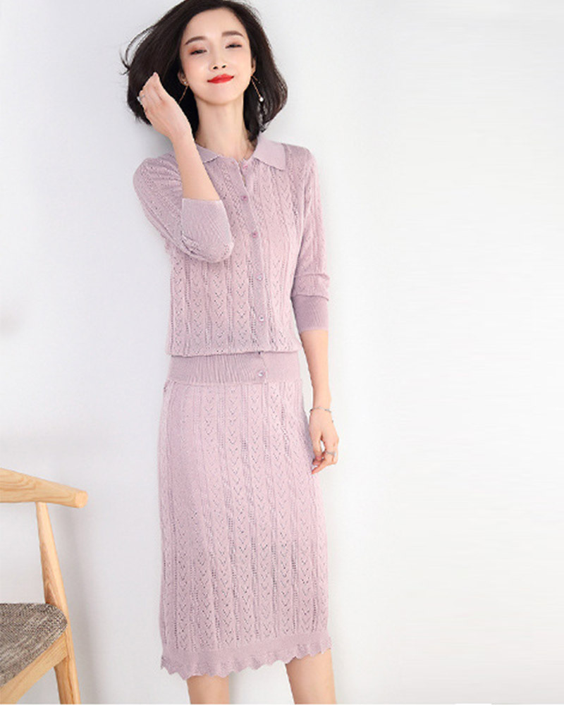 DEER.W 翻領鏤空織紋針織套裝 粉色