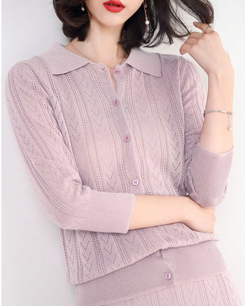 DEER.W 翻領鏤空織紋針織套裝 粉色