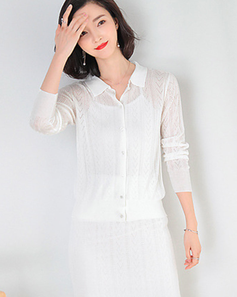 DEER.W 翻領鏤空織紋針織套裝 白色