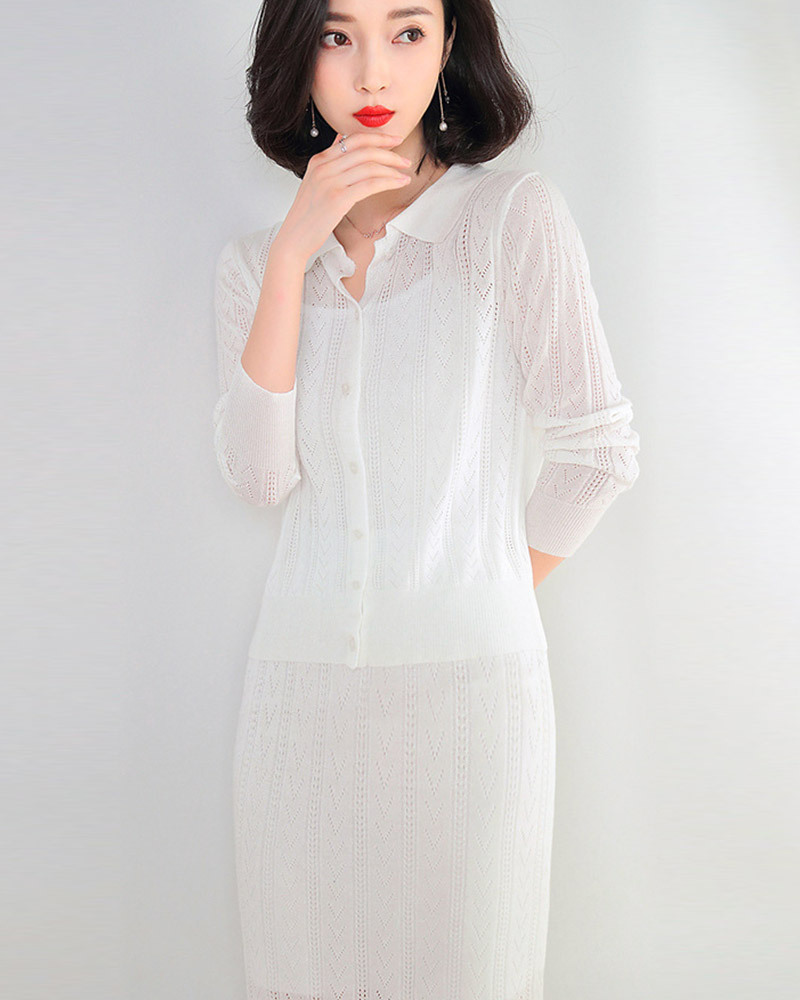 DEER.W 翻領鏤空織紋針織套裝 白色