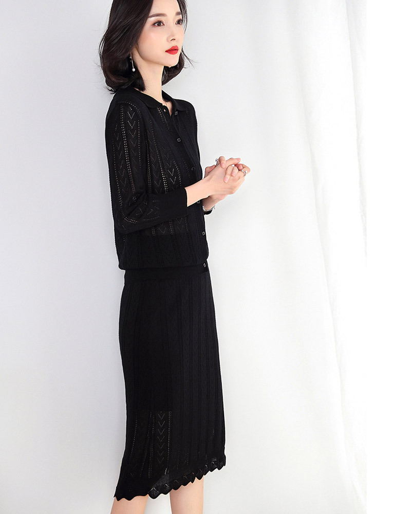 DEER.W 翻領鏤空織紋針織套裝 黑色