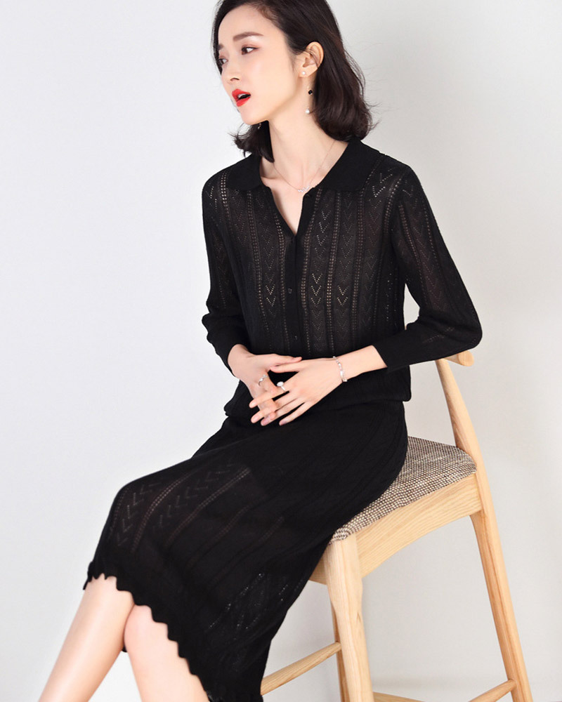 DEER.W 翻領鏤空織紋針織套裝 黑色