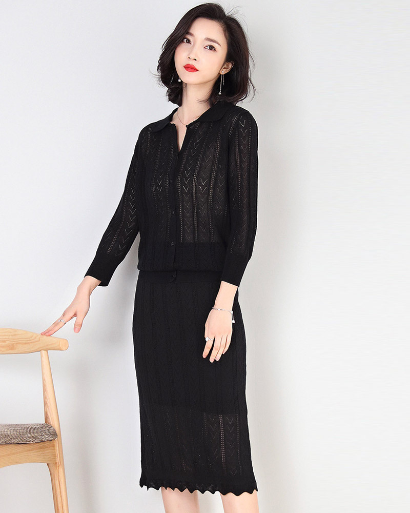 DEER.W 翻領鏤空織紋針織套裝 黑色