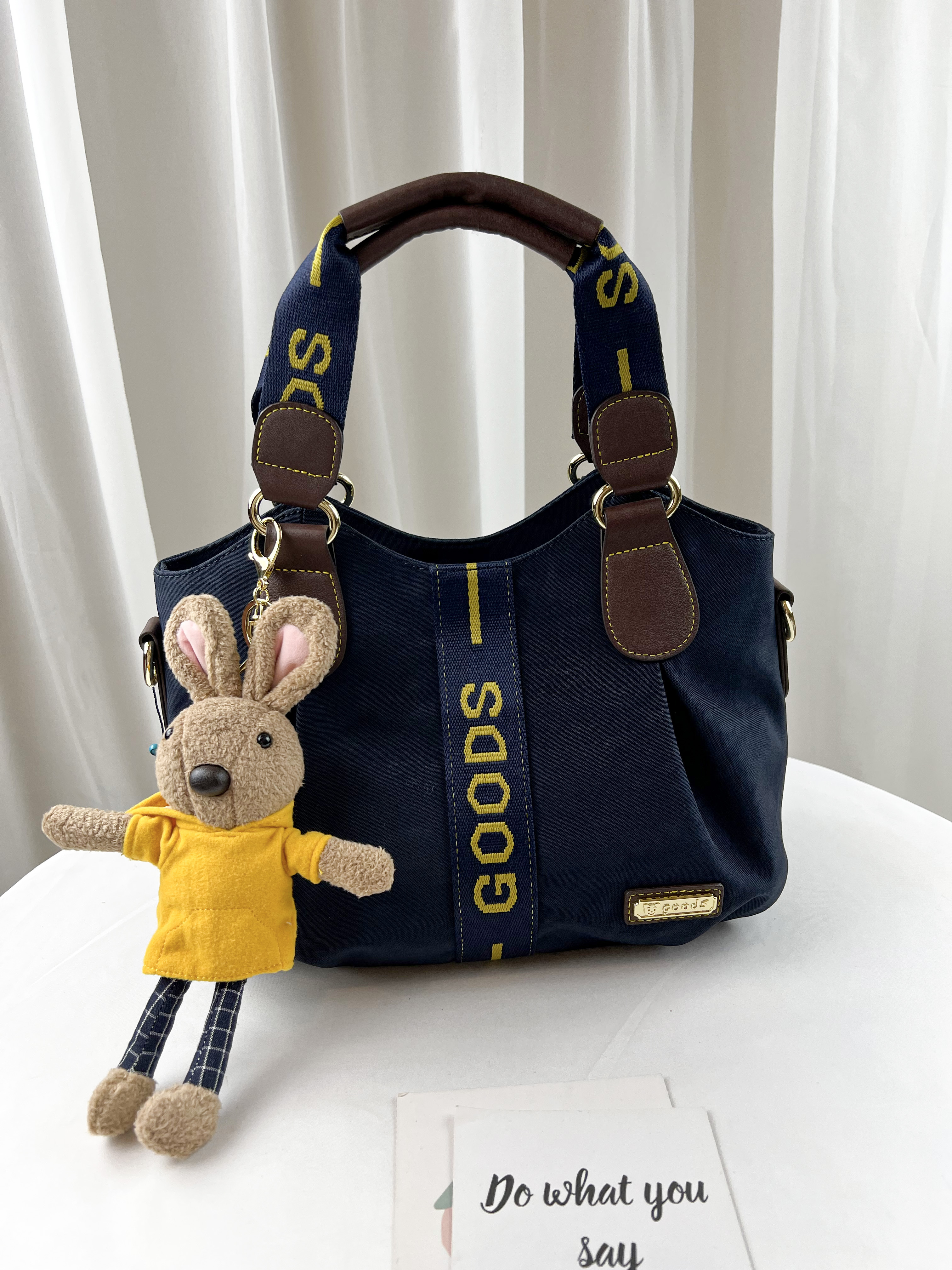 GOODS 織帶黃藍 丹寧 防潑水手提包 / 側背包 附小熊吊飾  #2131