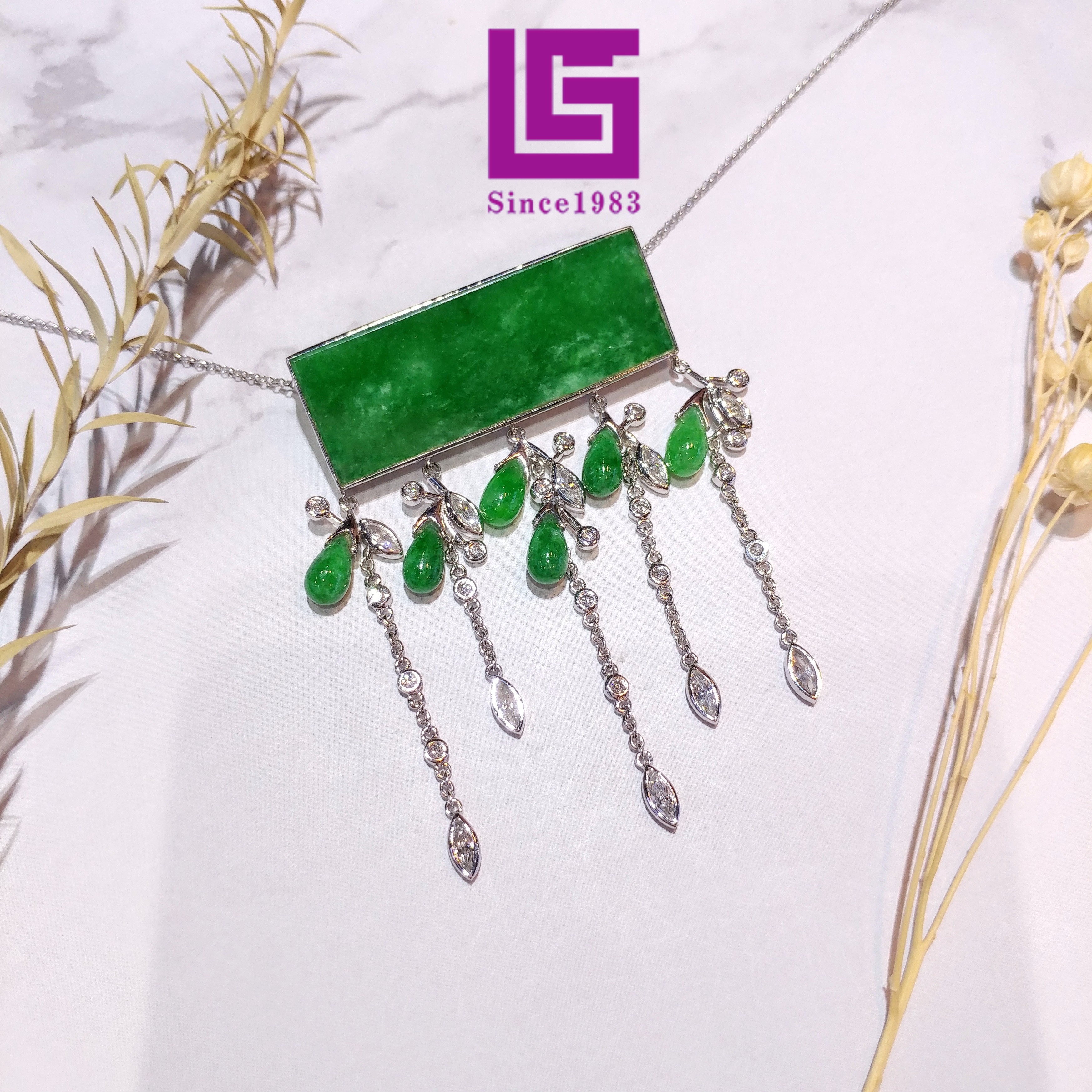 18K White Gold Jade and Diamond Pendant