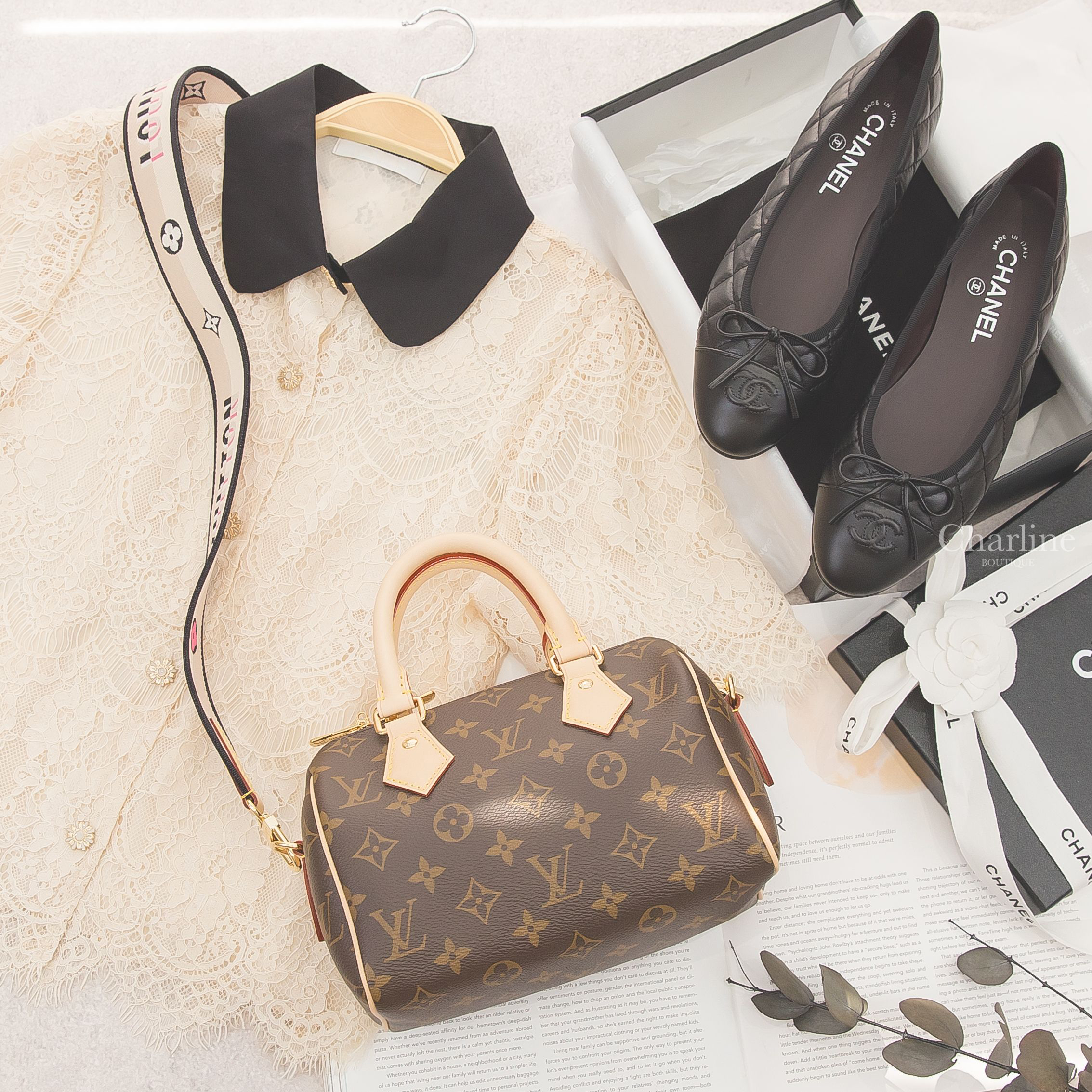 Chanel Flats 黑/黑CC蝴蝶結仿舊牛皮菱格紋芭蕾平底舞鞋,Louis Vuitton Speedy Bandoulière 20 Bag 咖啡色老花帆布米色刺繡黑滾邊寬背帶小牛皮提把手提肩背包-Charline Boutique 精品代購
