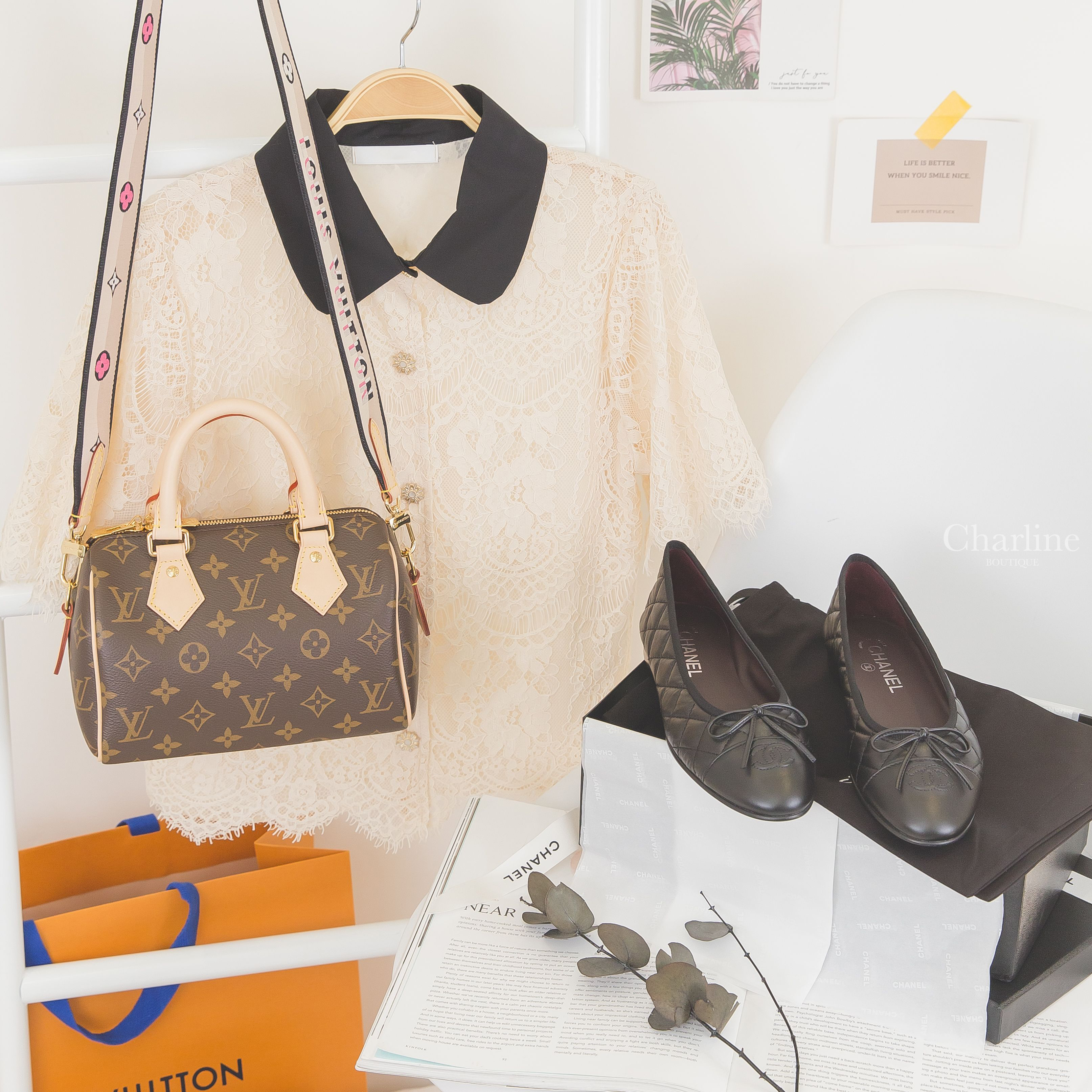 Chanel Flats 黑/黑CC蝴蝶結仿舊牛皮菱格紋芭蕾平底舞鞋,Louis Vuitton Speedy Bandoulière 20 Bag 咖啡色老花帆布米色刺繡黑滾邊寬背帶小牛皮提把手提肩背包-Charline Boutique 精品代購