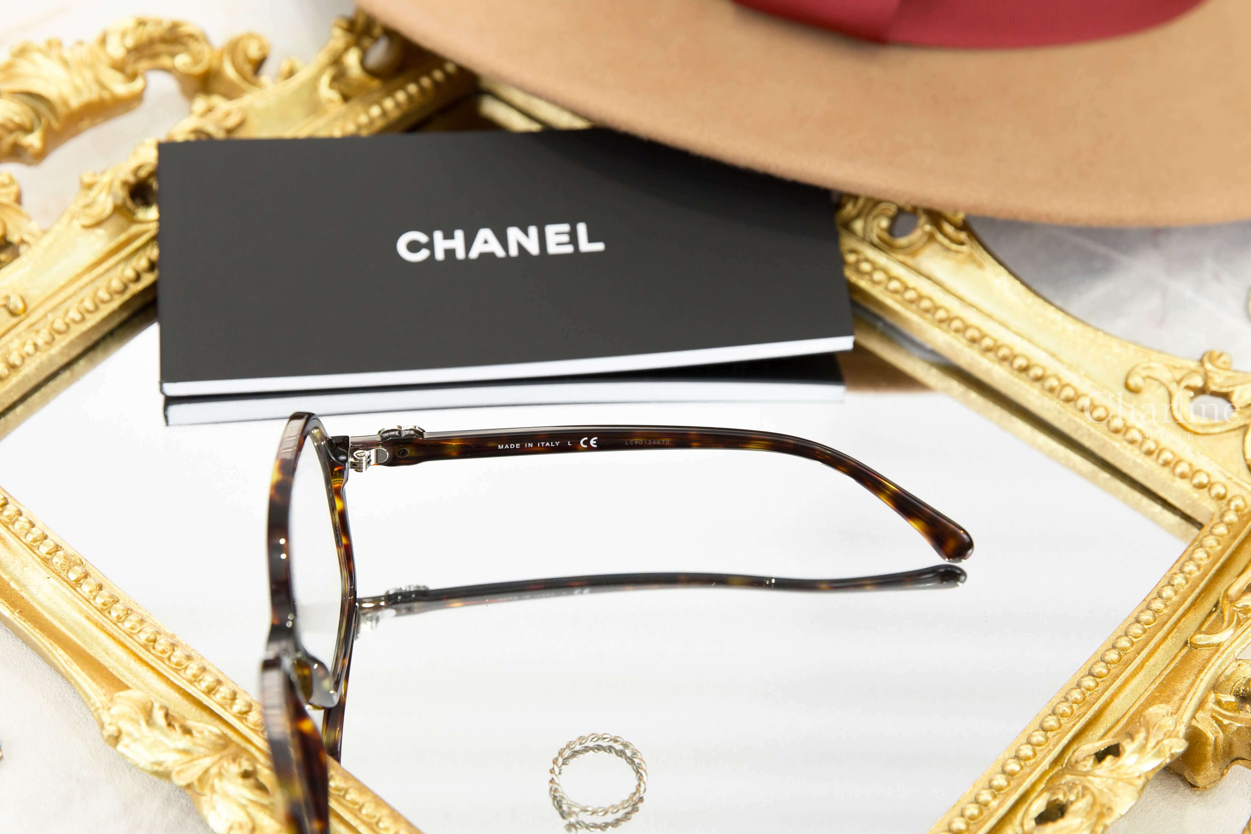 Chanel Butterfly Sunglasses 深棕色玳瑁蝴蝶形側邊黑銀水鑽CC抗藍光鏡片平光眼鏡-Charline Boutique 精品代購