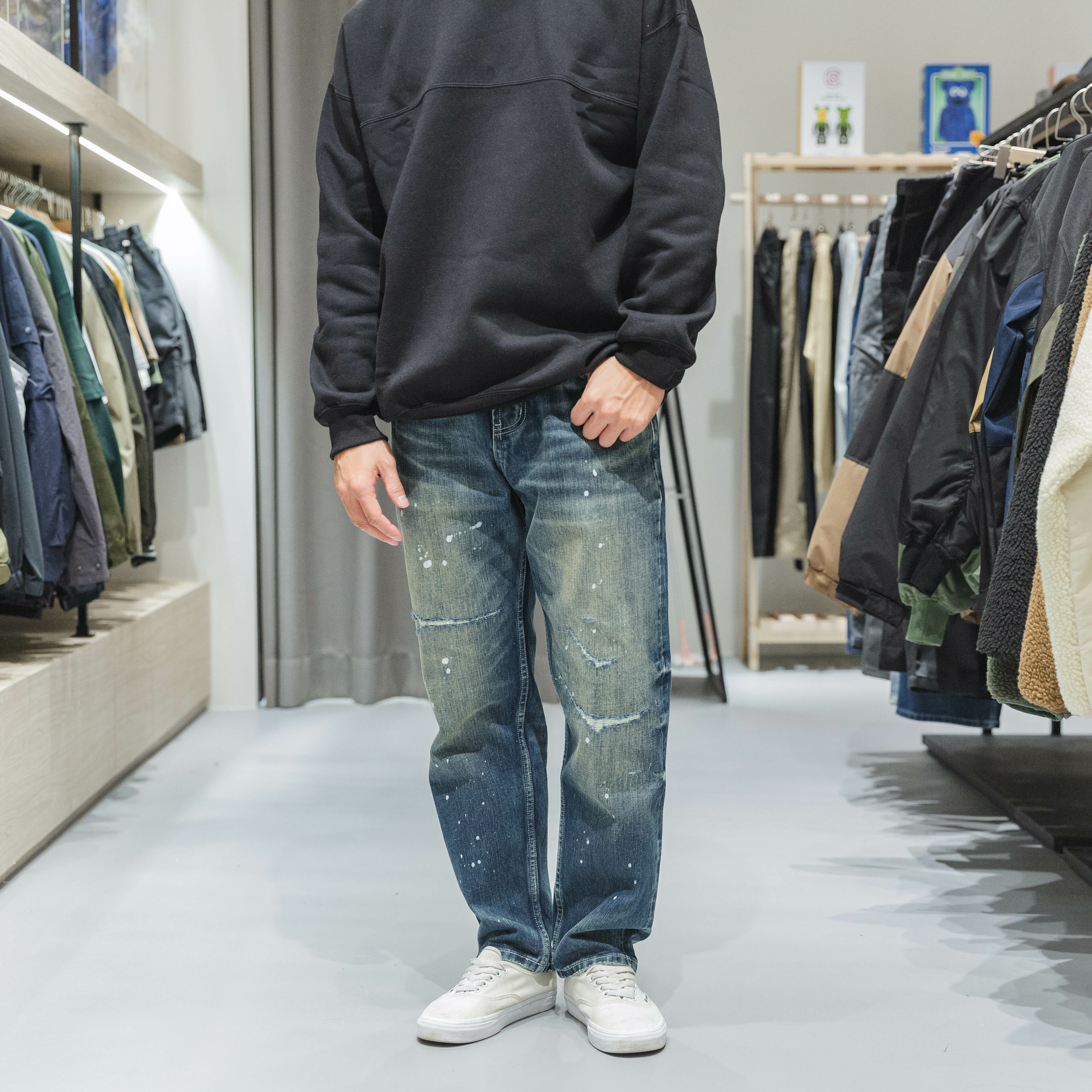 潑漆 水洗 破壞 寬鬆 鐵道牛仔 牛仔長褲【192】