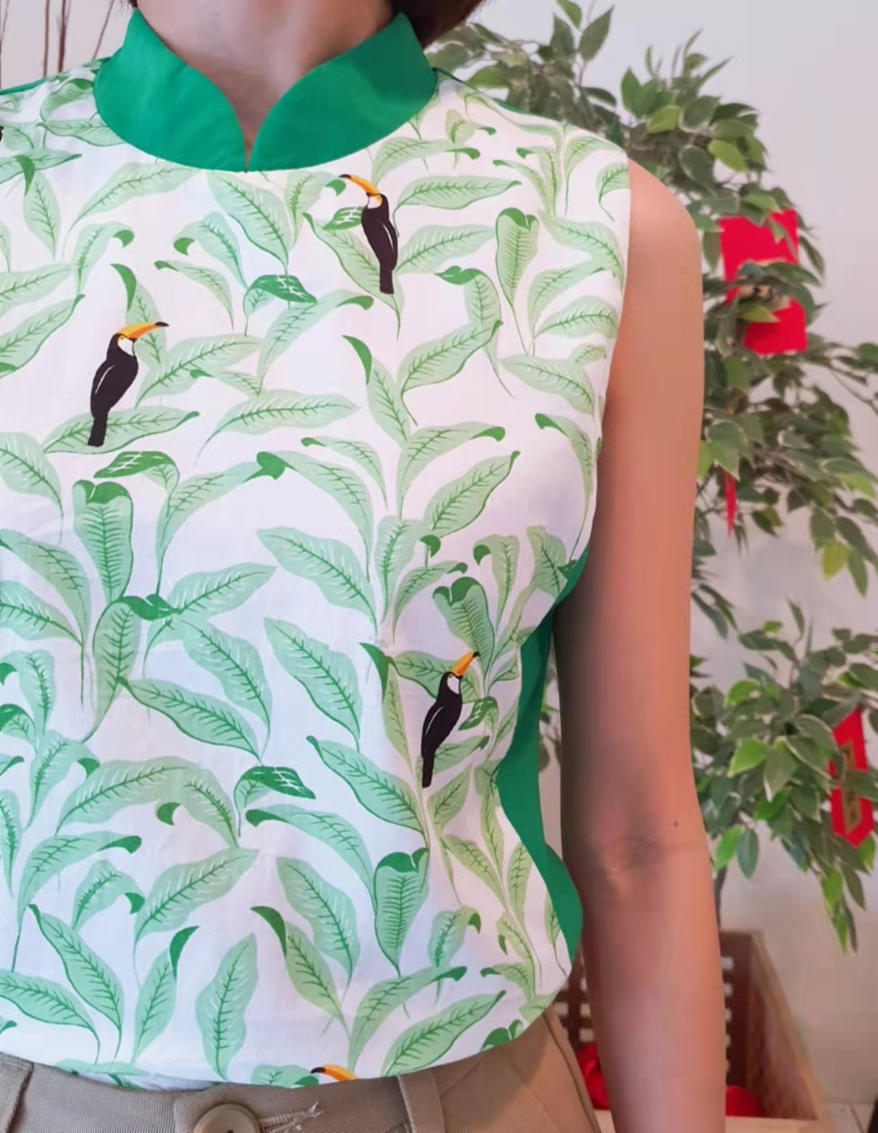 LEAVES BIRD PRINT CHEONGSAM BLOUSE