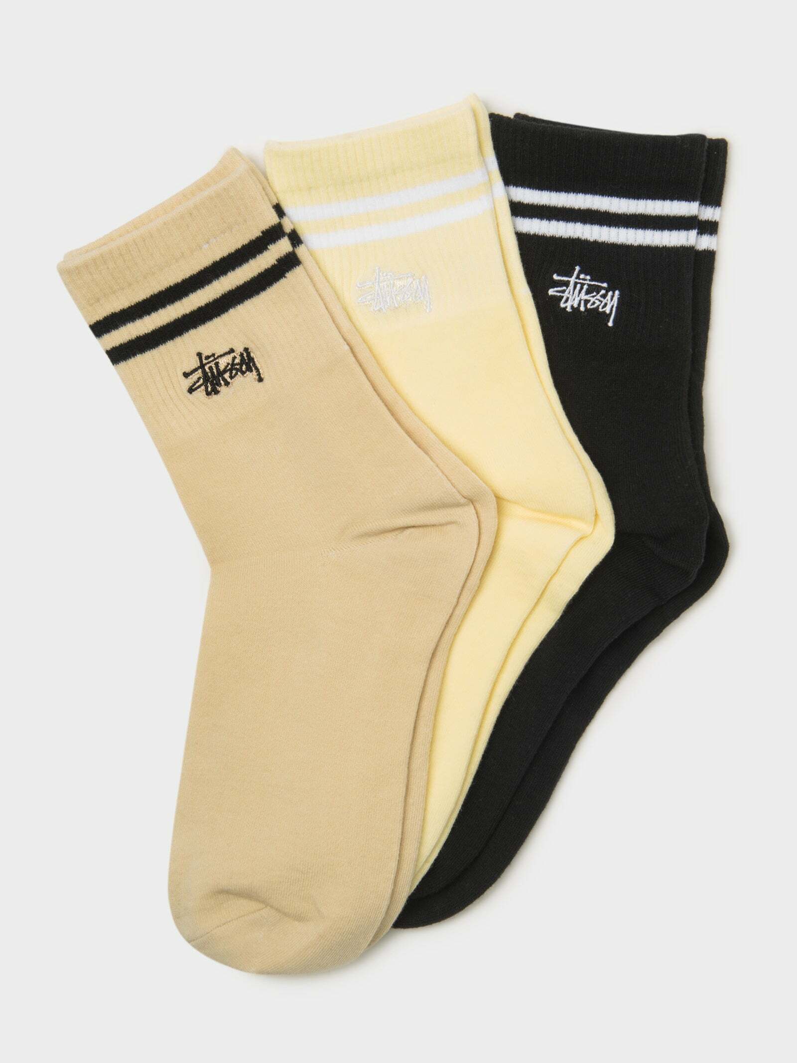 STUSSY 長襪 三色 3 Pairs of Graffiti Crew Socks in Safari Butter & Black