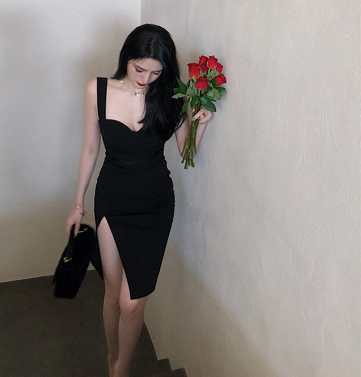 愛心領開衩貼身洋裝 (黑/白)