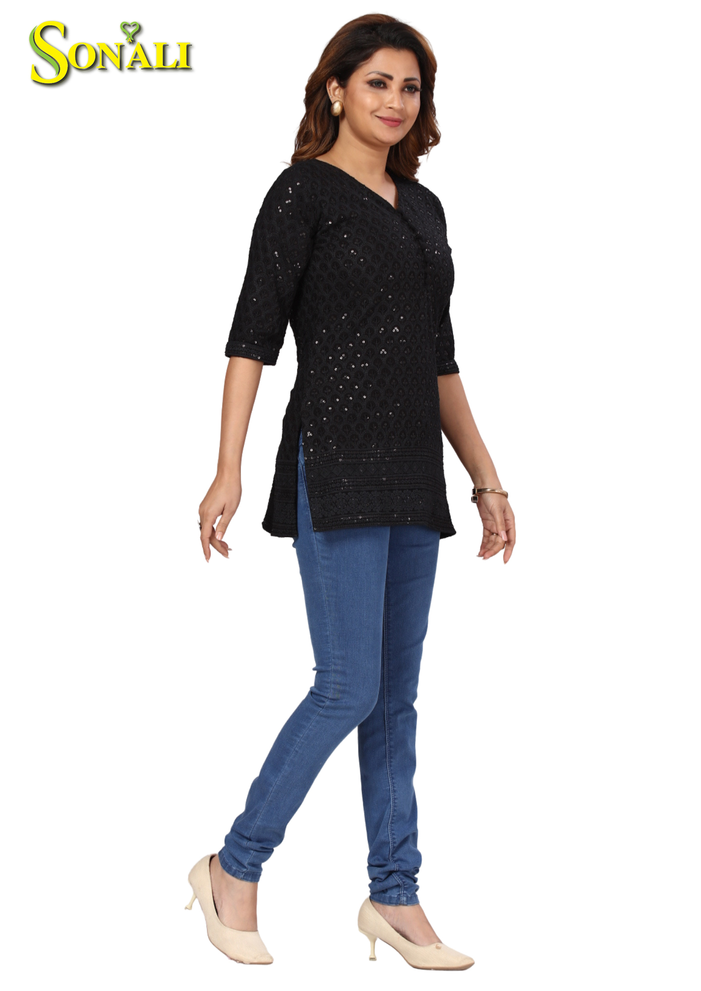 Women Black Chikan With Full Front & Back Sequins Kurti Q1565