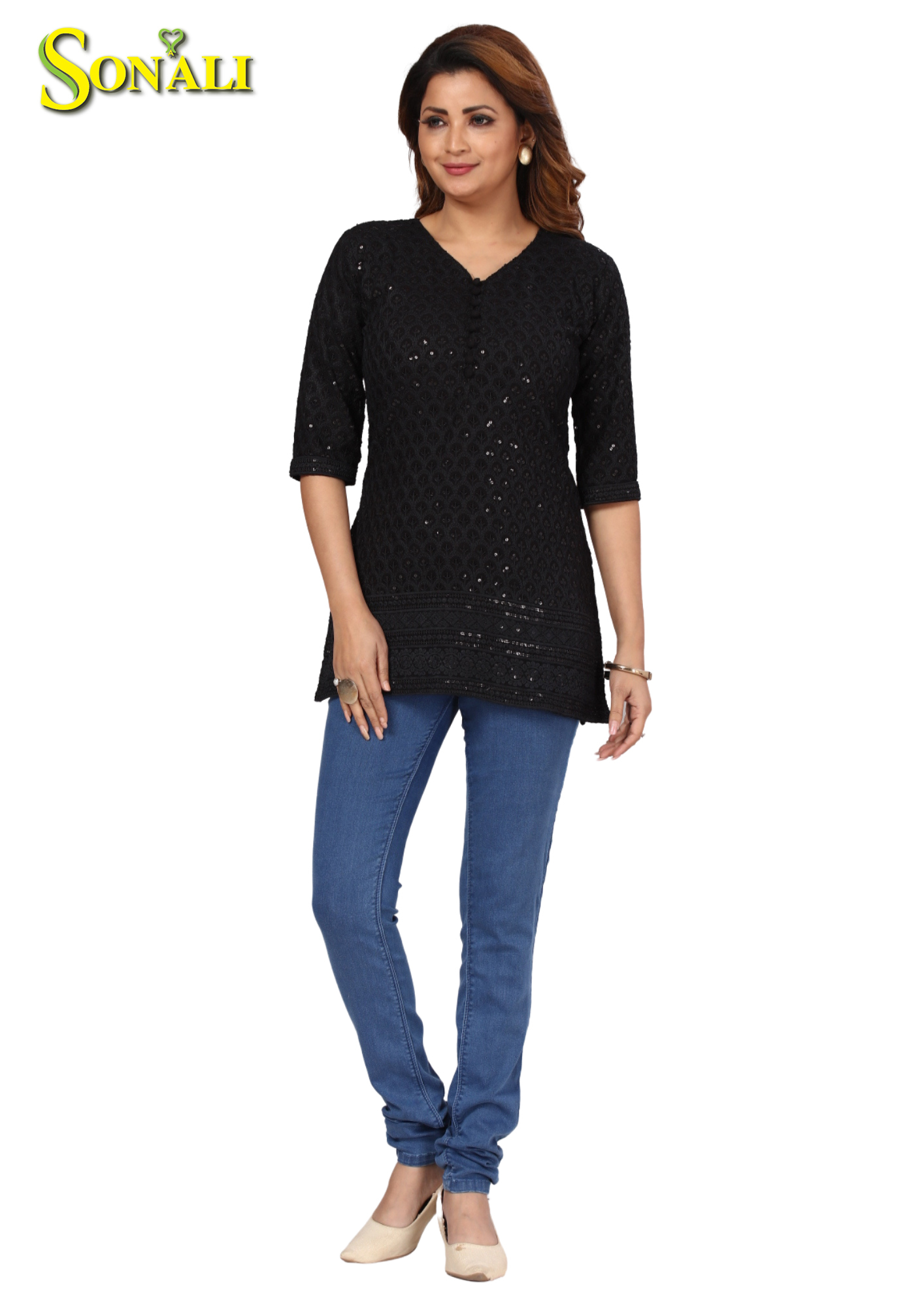 Women Black Chikan With Full Front & Back Sequins Kurti Q1565