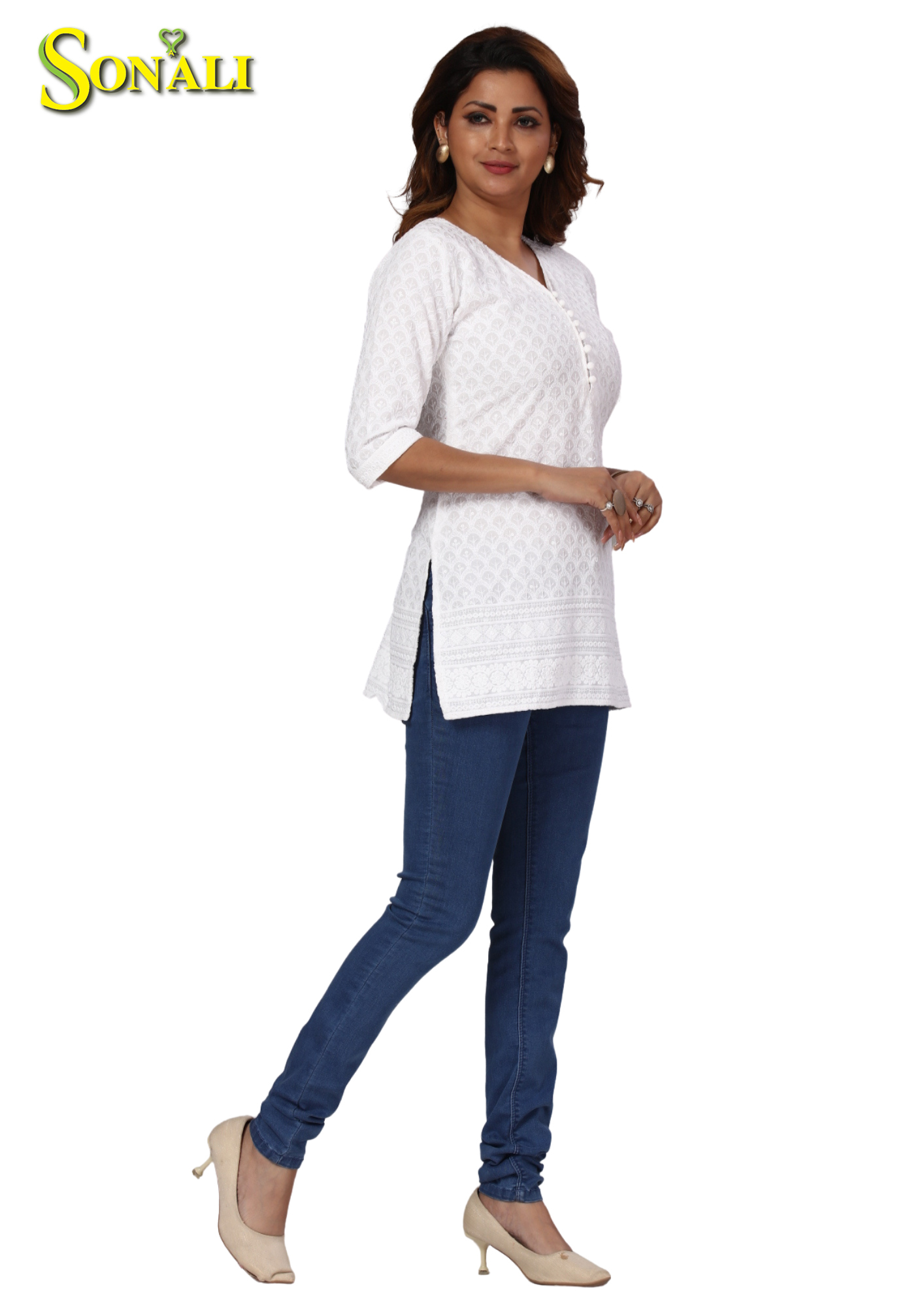 Women White Chikan With Full Front & Back Sequins Kurti Q1566