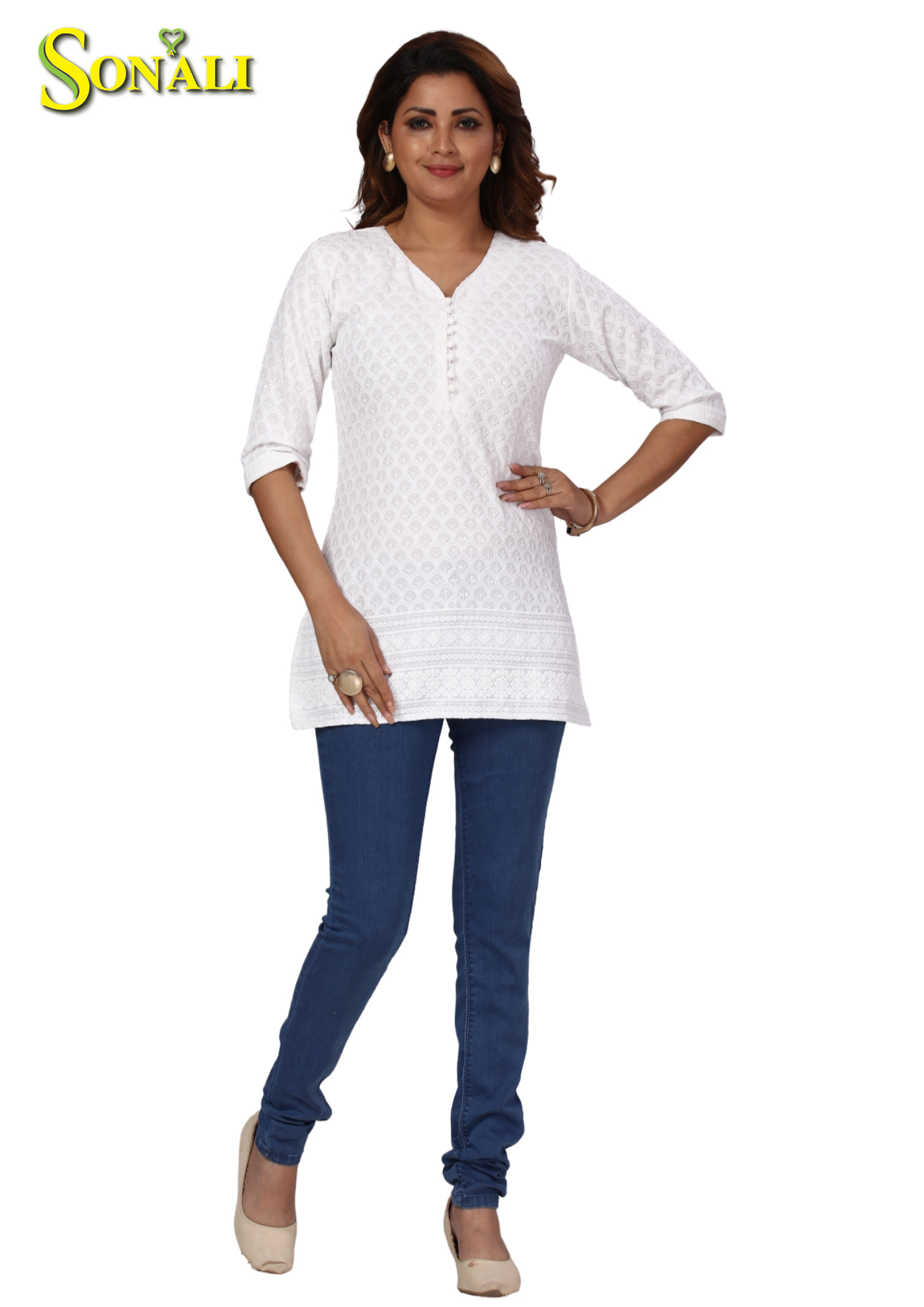 Women White Chikan With Full Front & Back Sequins Kurti Q1566