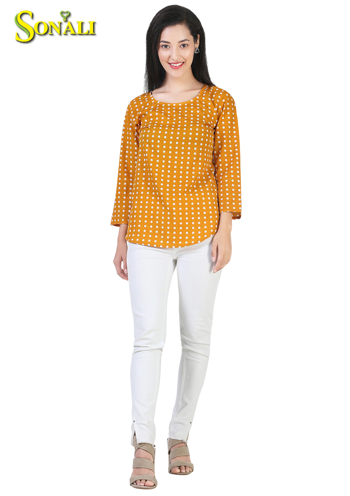 Women Yellow with White Polkodot Blouse Q1567