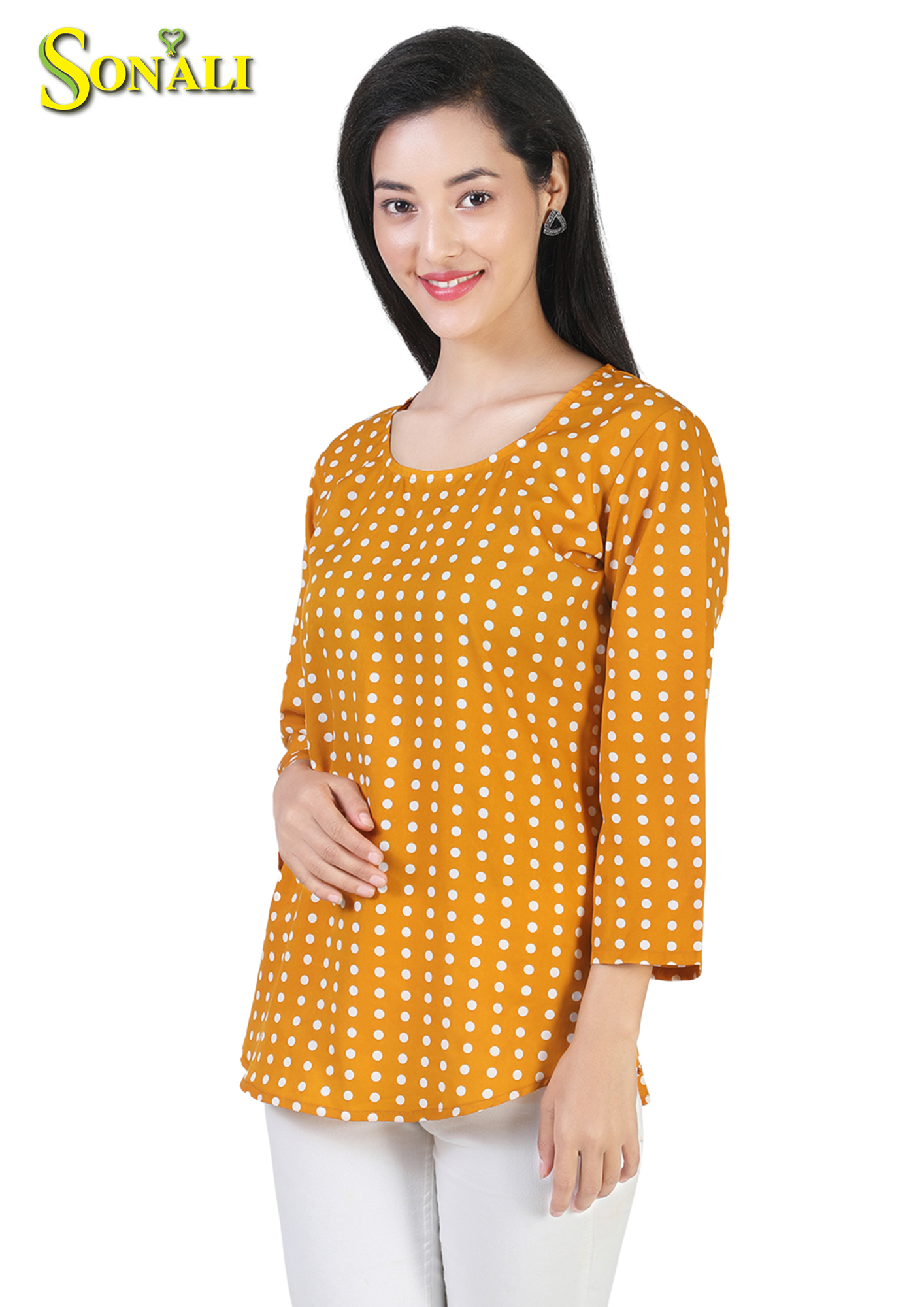 Women Yellow with White Polkodot Blouse Q1567