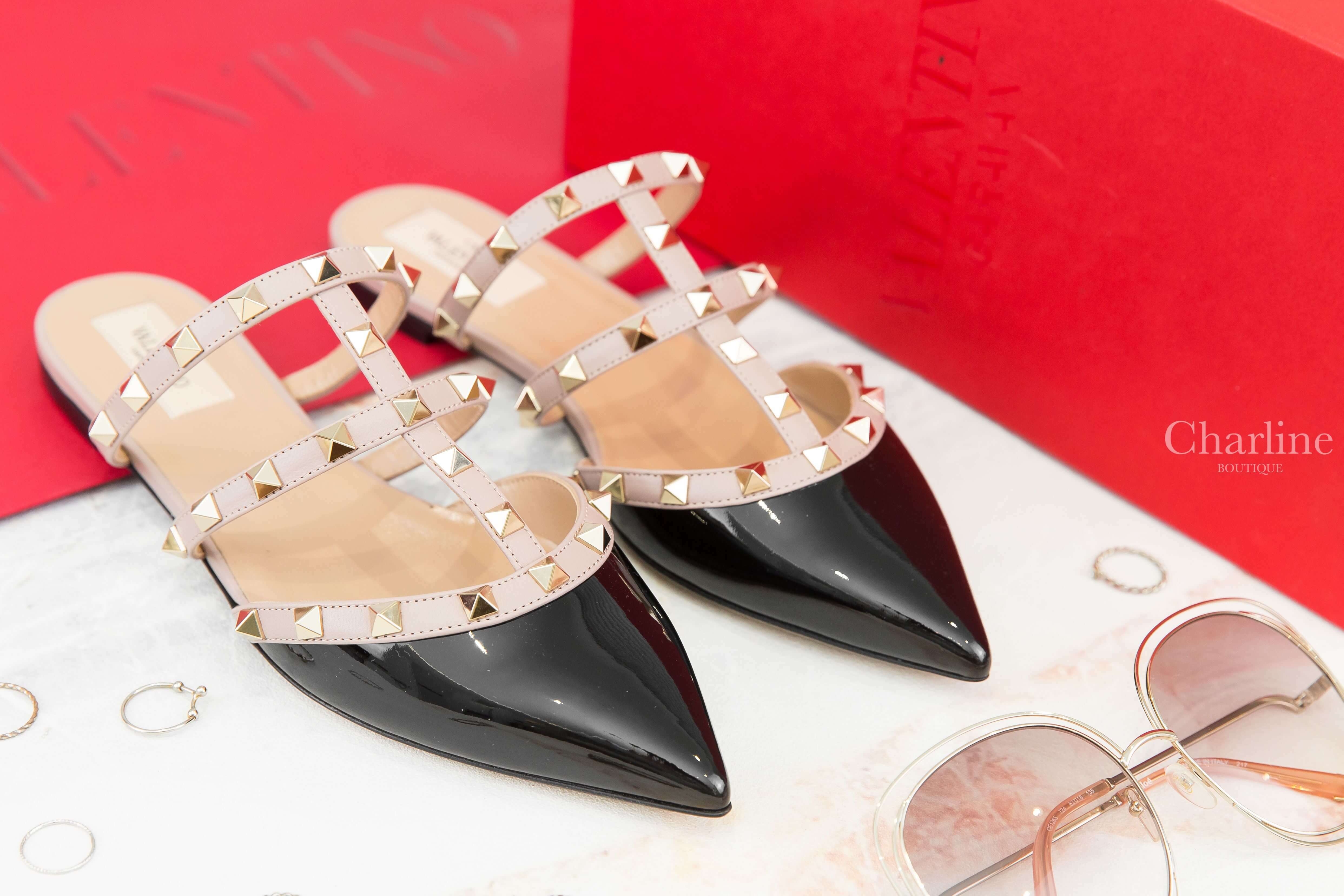 Valentino Rockstud Patent-Leather Mule 黑色漆皮龐克卯釘尖頭羅馬穆勒鞋