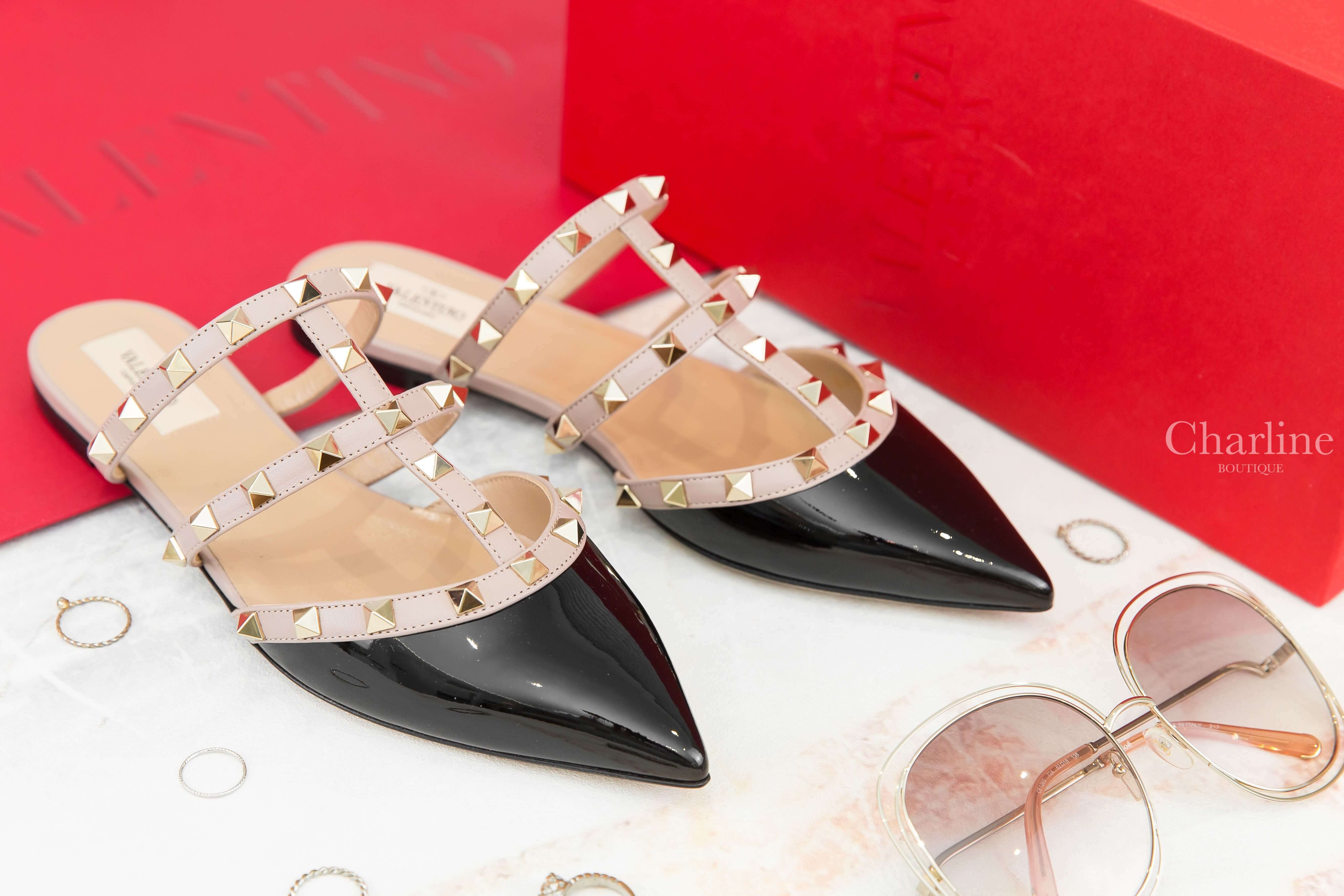 Valentino Rockstud Patent-Leather Mule 黑色漆皮龐克卯釘尖頭羅馬穆勒鞋-Charline Boutique 精品代購