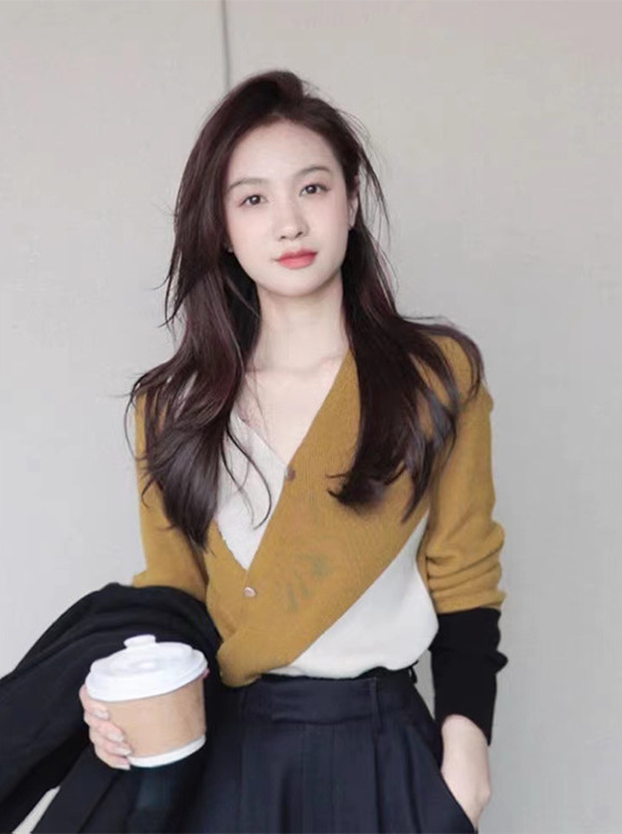 羊毛薄針織 撞色V領上(黑/薑黃)