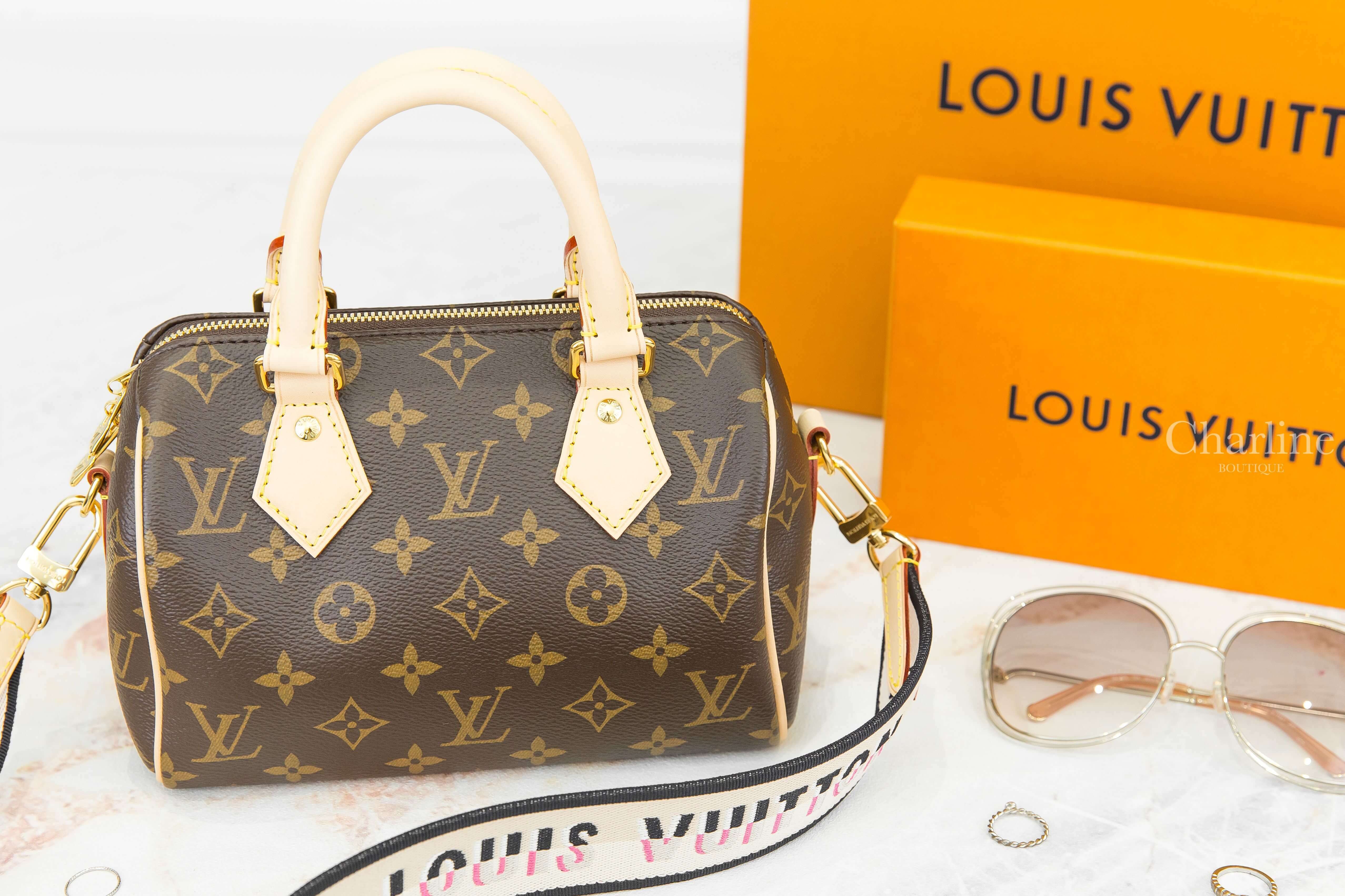 Louis Vuitton Speedy Bandoulière 20 Bag 咖啡色老花帆布米色刺繡黑滾邊寬背帶小牛皮提把手提肩背包