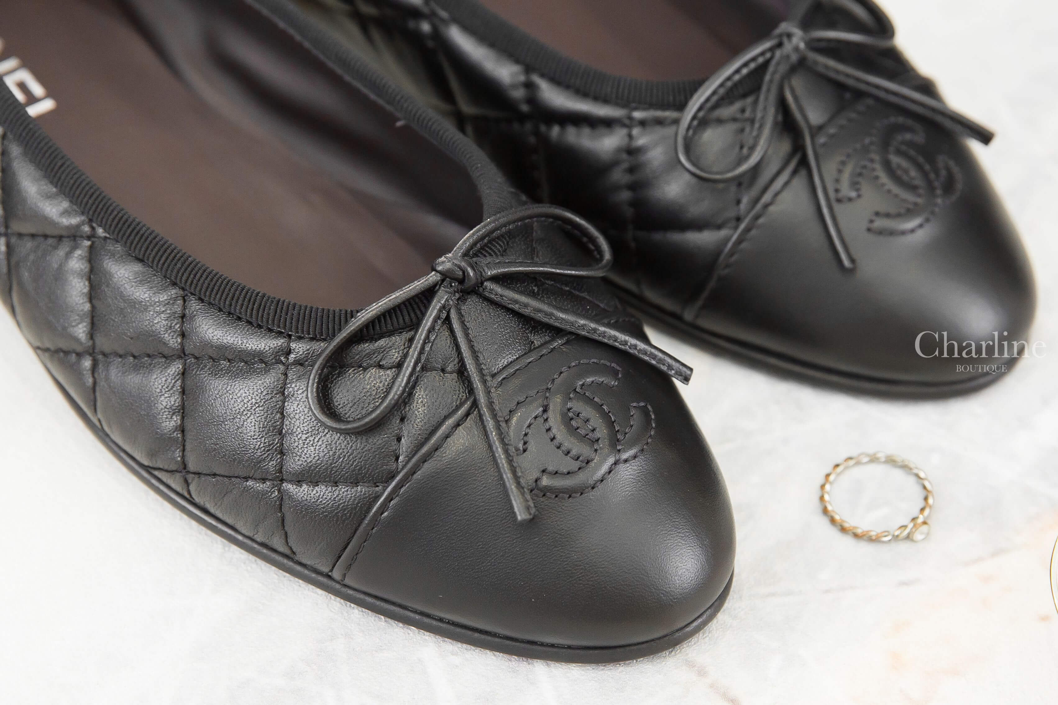 Chanel Flats 黑/黑CC蝴蝶結仿舊牛皮菱格紋芭蕾平底舞鞋