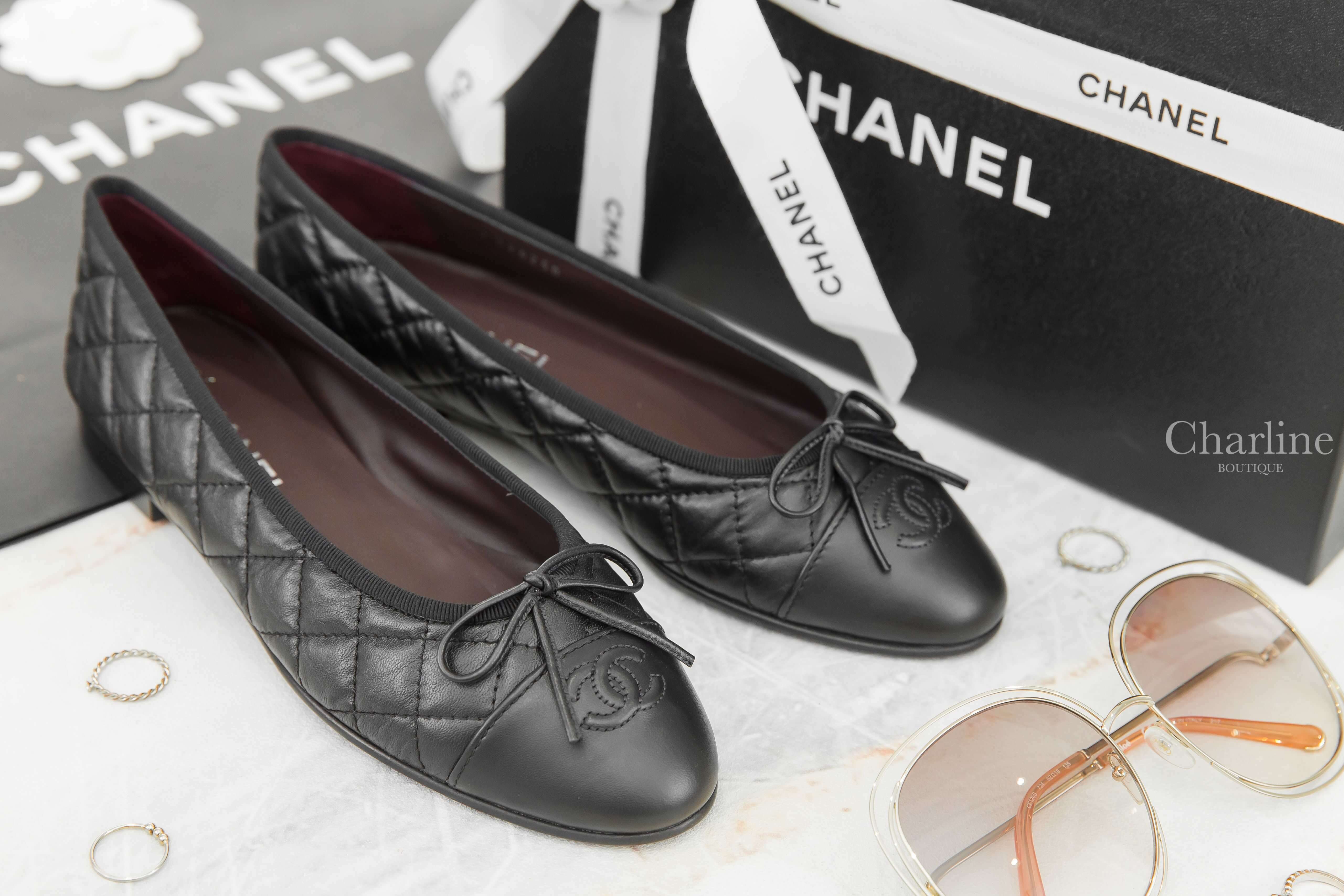 Chanel Flats 黑/黑CC蝴蝶結仿舊牛皮菱格紋芭蕾平底舞鞋-Charline Boutique 精品代購