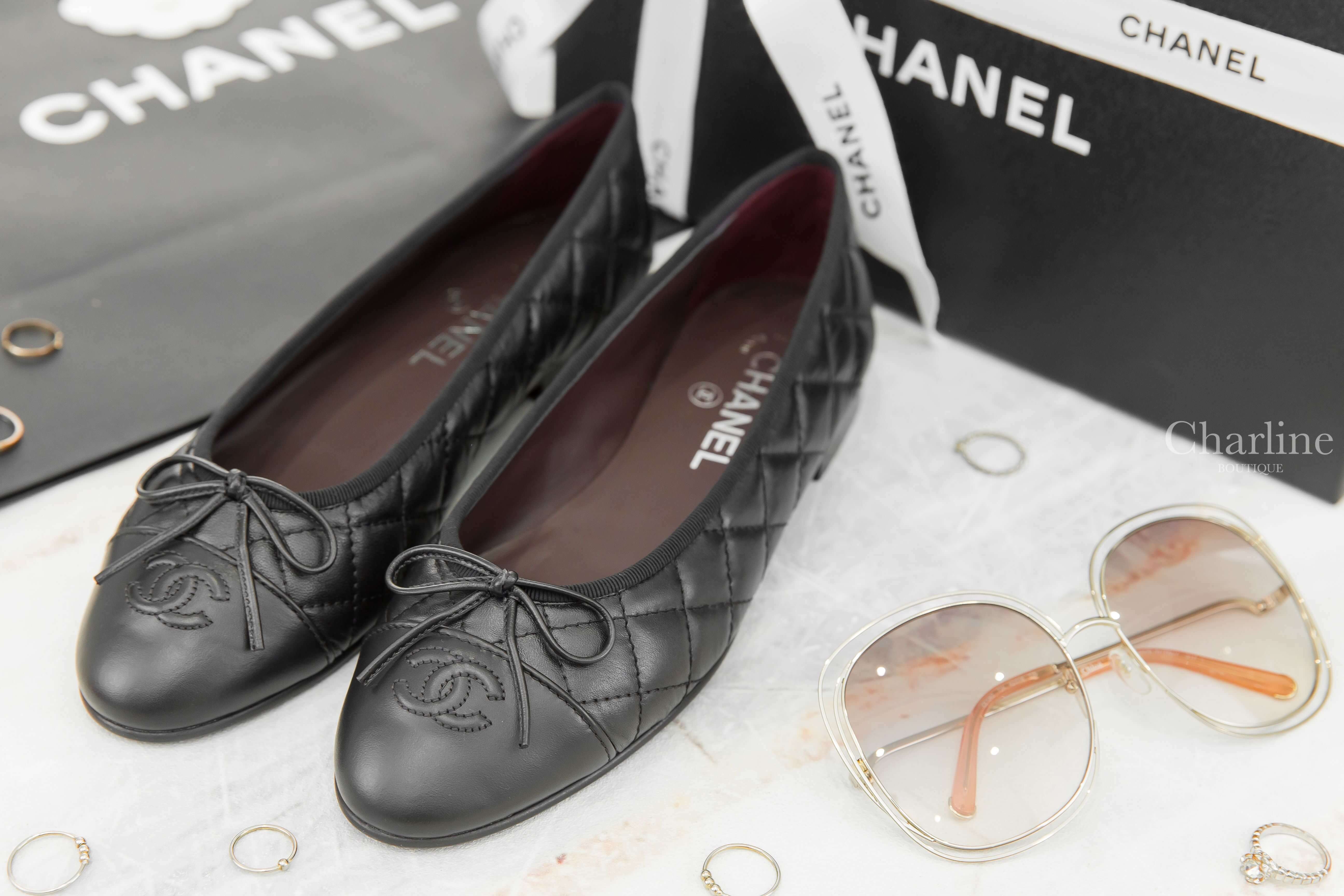 Chanel Flats 黑/黑CC蝴蝶結仿舊牛皮菱格紋芭蕾平底舞鞋-Charline Boutique 精品代購