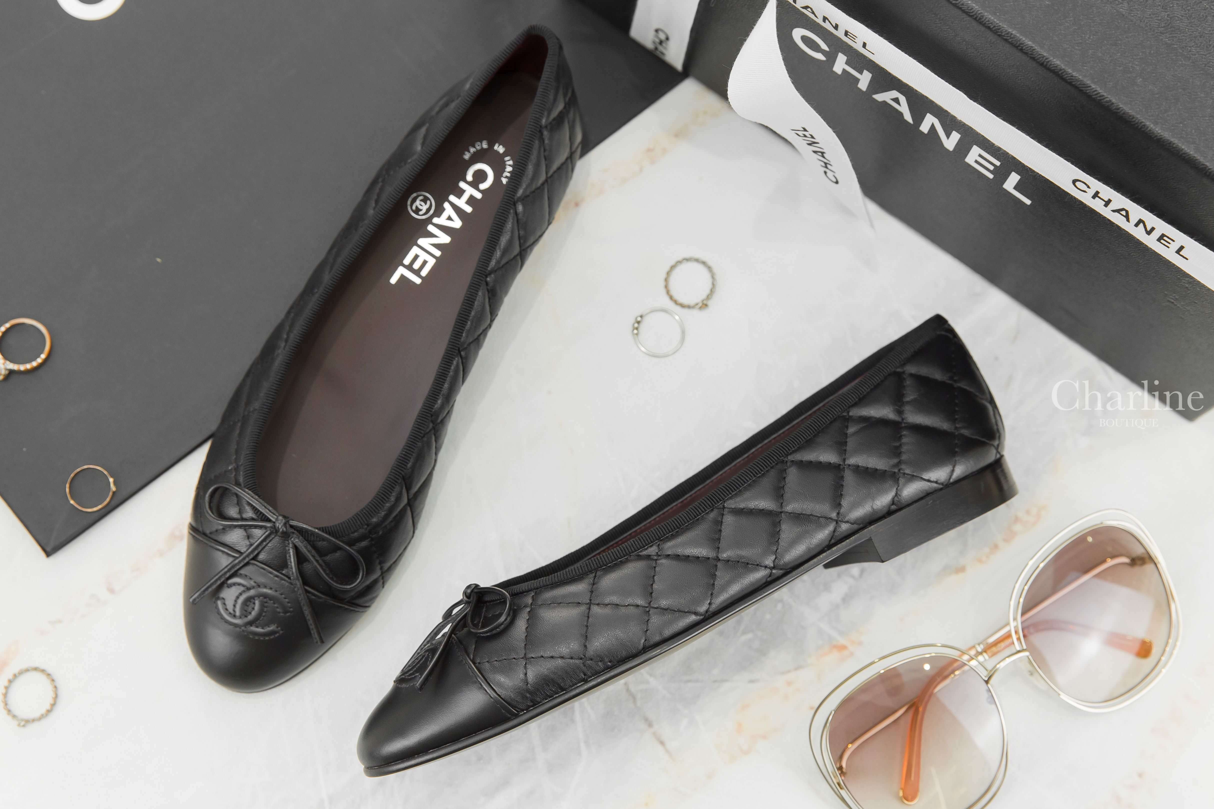 Chanel Flats 黑/黑CC蝴蝶結仿舊牛皮菱格紋芭蕾平底舞鞋-Charline Boutique 精品代購