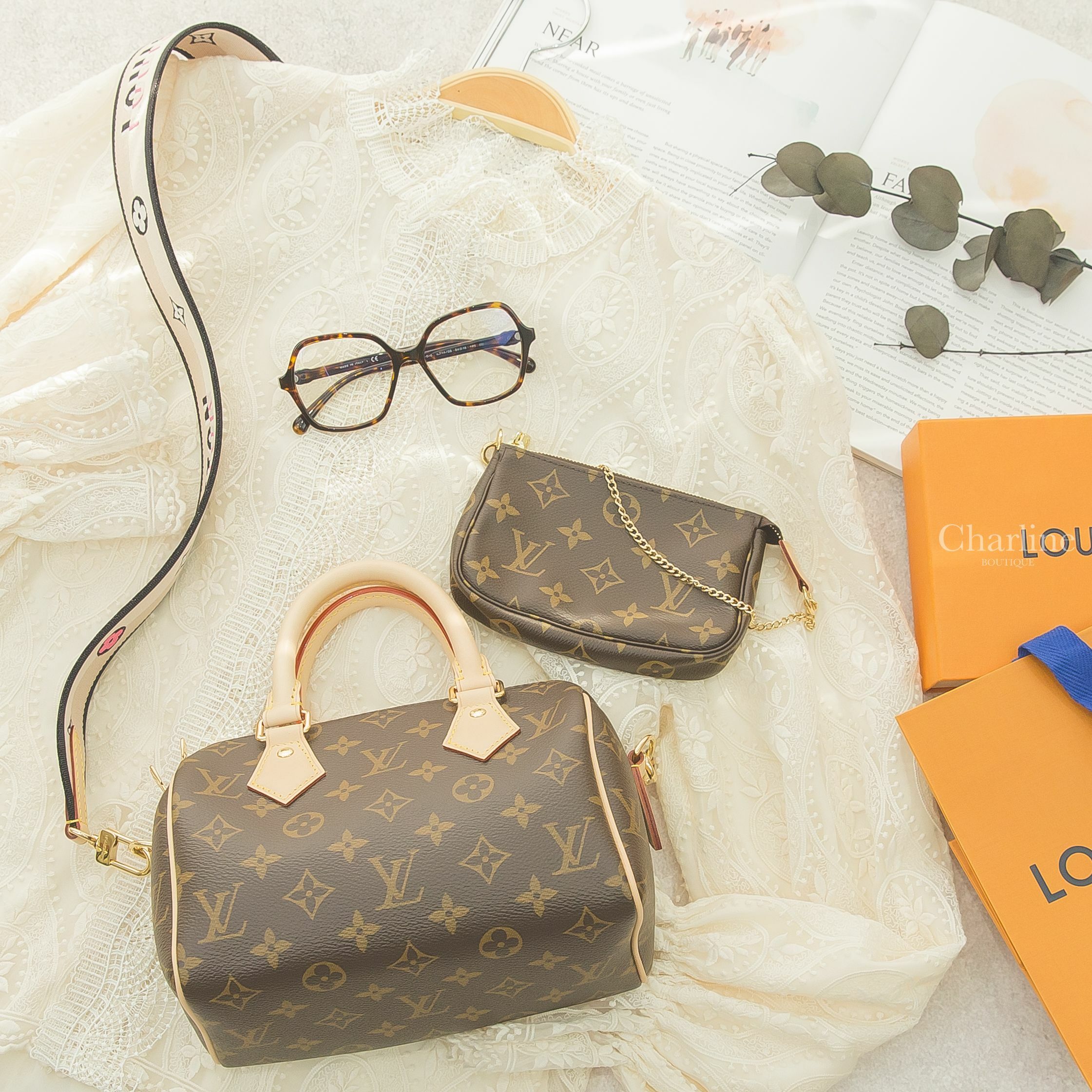 Louis Vuitton 咖啡色老花帆布米色刺繡黑滾邊寬背帶小牛皮提把手提肩背包,Louis Vuitton 咖啡色老花迷你手袋鏈帶包,Chanel 深棕色玳瑁蝴蝶形側邊黑銀水鑽CC平光眼鏡-Charline Boutique 精品代購