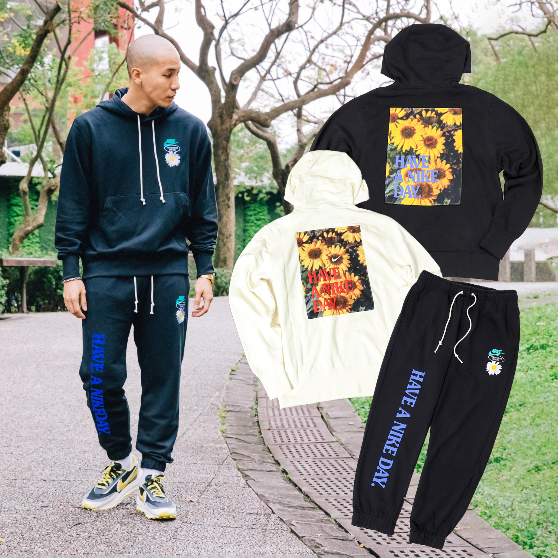 *特價商品售出不退換*男款 NIKE HOODIE 黑色 米黃色 雛菊 HAVE A NIKE DAY 標語 棉套裝 帽T【DM4994-010】棉褲【DM5015-010】perennis