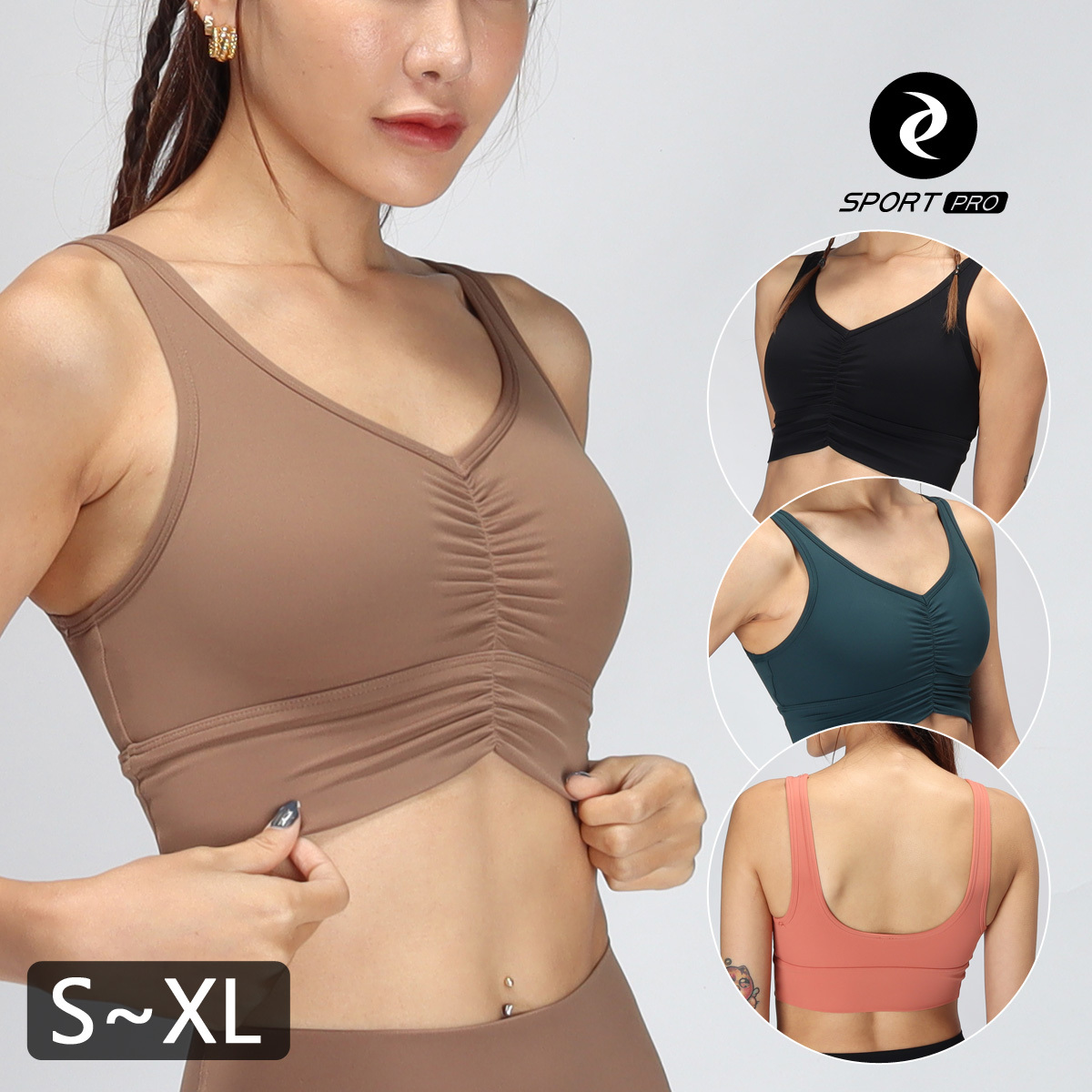 中強度寬肩抓皺瑜珈/運動/機能內衣【可換襯墊/上下一致】*