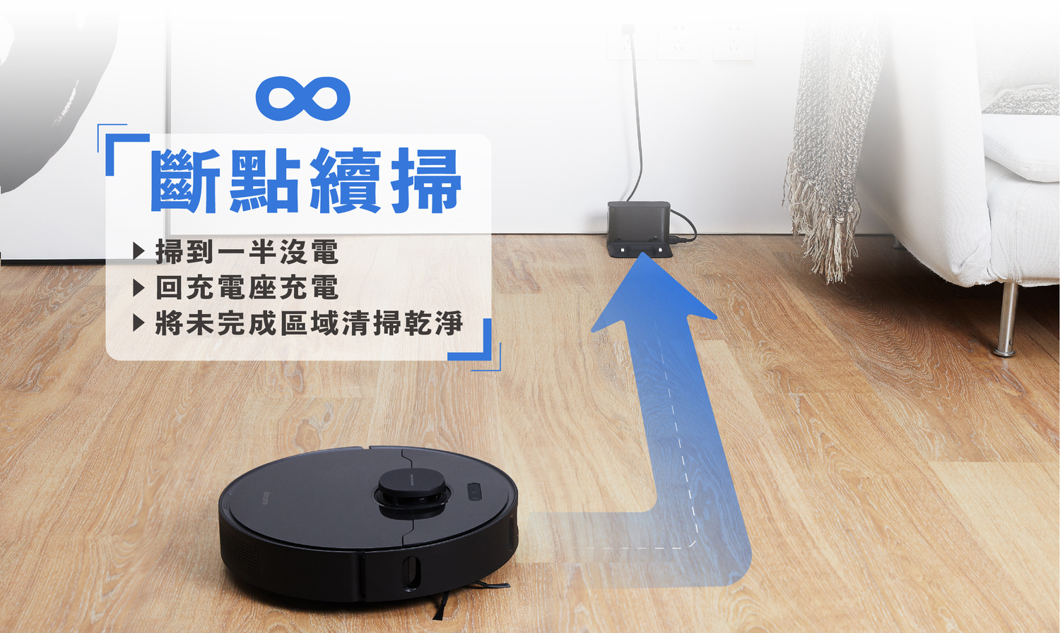 dreame追覓l10 pro 掃地機器人使用新斷點續掃2.0,機器人掃到沒電時會回家充電,並同時預判剩下空間所需電量,並充到該電量時繼續出來清掃。