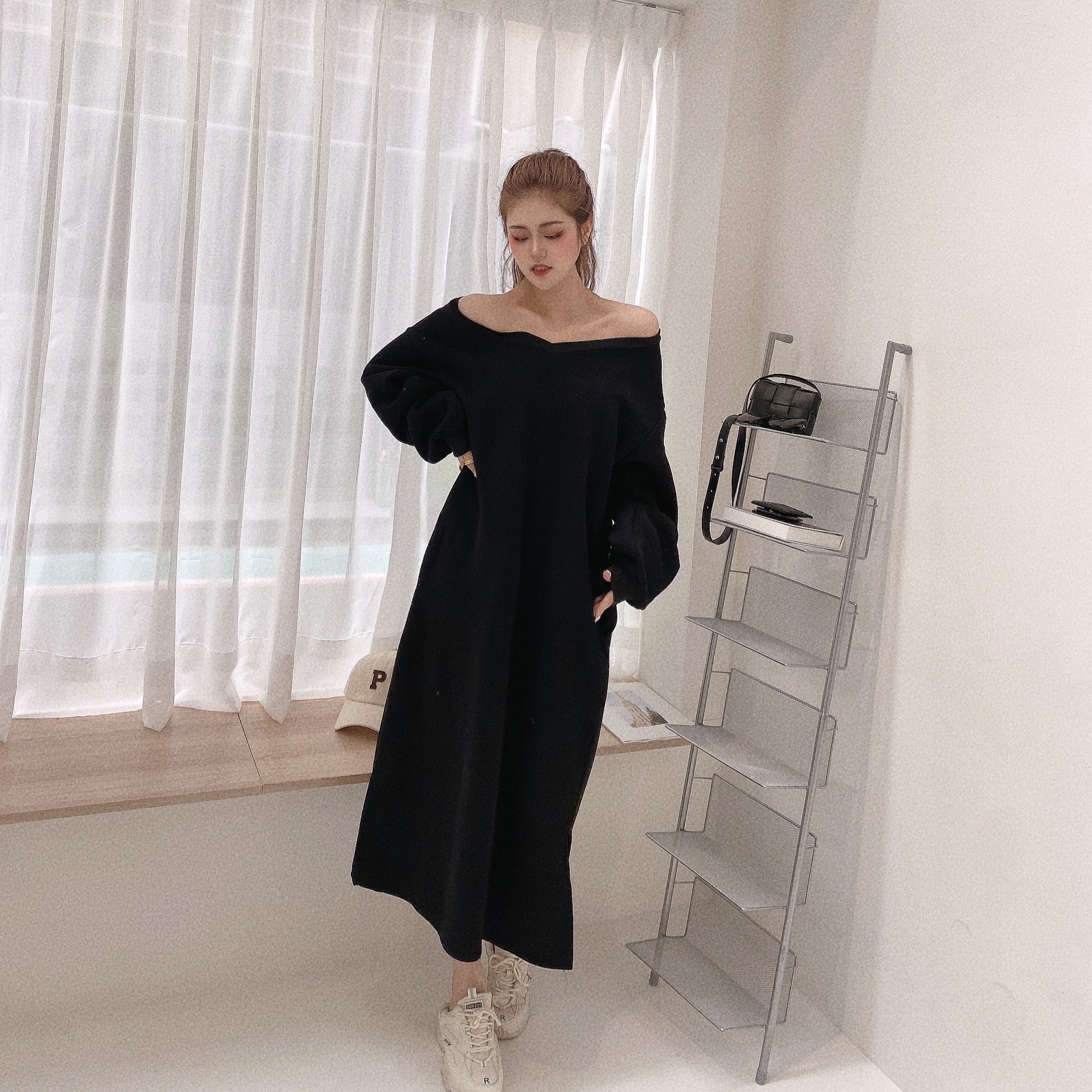 V領內刷毛長版棉質洋裝/二色