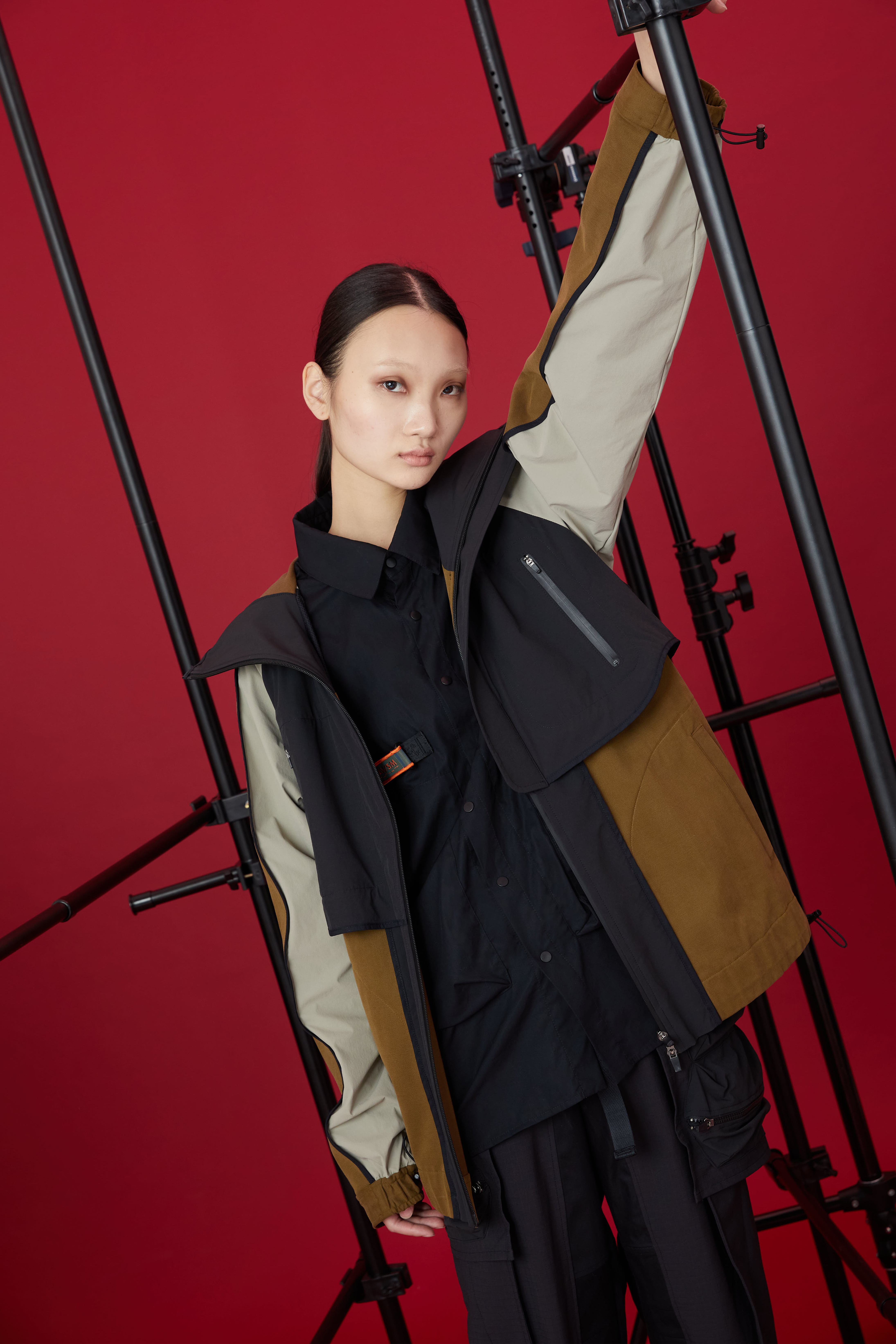 撞色彈性外套 - 橄欖綠