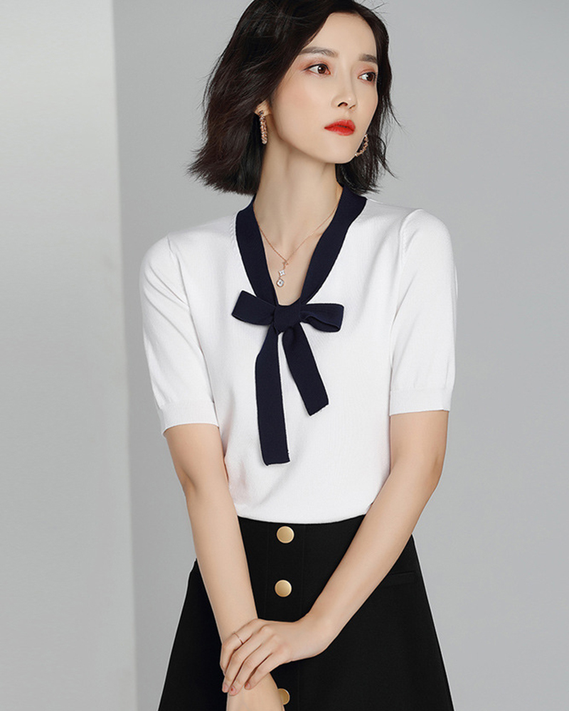 白M【零碼出清不退換】蝴蝶結綁帶涼感針織上衣