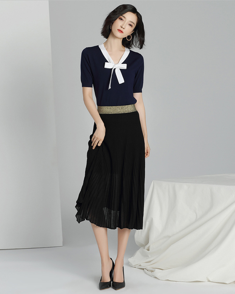 DEER.W 蝴蝶結綁帶涼感針織上衣 藏青