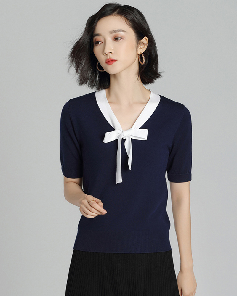 DEER.W 蝴蝶結綁帶涼感針織上衣 藏青