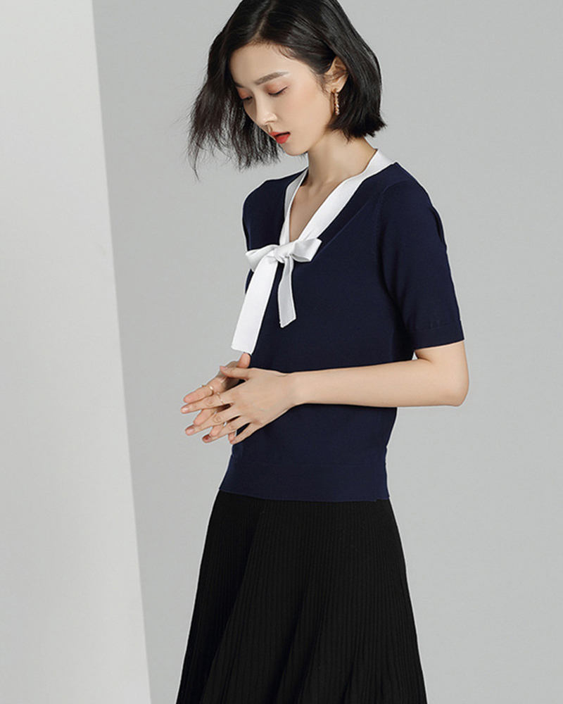 DEER.W 蝴蝶結綁帶涼感針織上衣 藏青