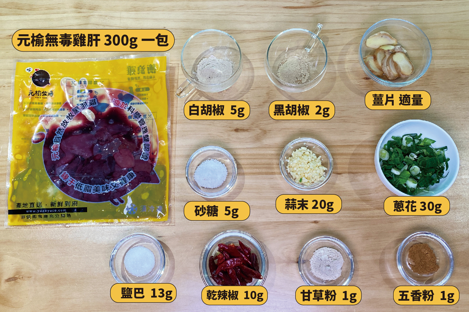 椒麻雞肝食材圖：雞肝300g、乾辣椒10g、蔥花30g、薑片適量、蒜末20g、胡椒鹽適量