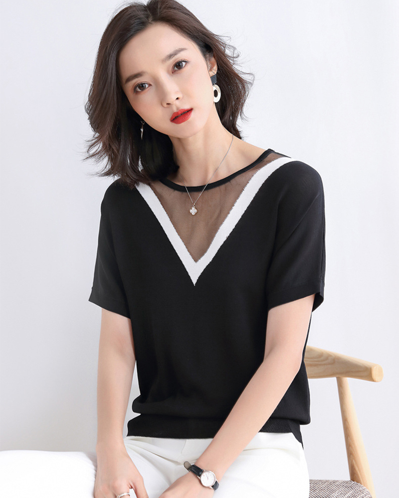 黑XL【零碼出清不退換】透膚大V配色領冰絲針織上衣