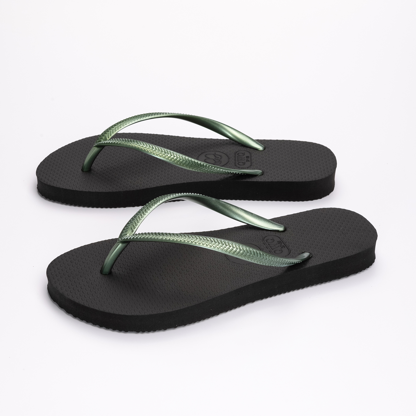 Slim跳色系列 【曜石黑】綠鞋帶 女款平底人字夾腳拖