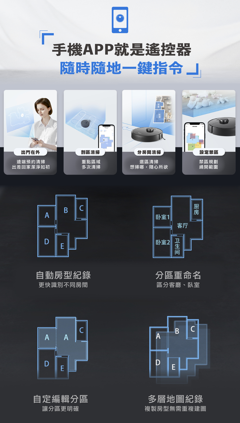 dreame追覓l10 pro 掃地機器人支援雙中文APP,劃區清掃、分房間清掃或是設定禁區、定時清掃都可輕鬆設定。